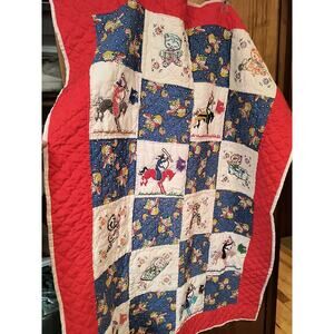 1518.  Hand Embroidery Childs Quilted Blanket Horses, Cowboys, and Kittens